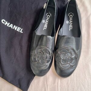 Chanel Black Leather Loafers with Floral Detail